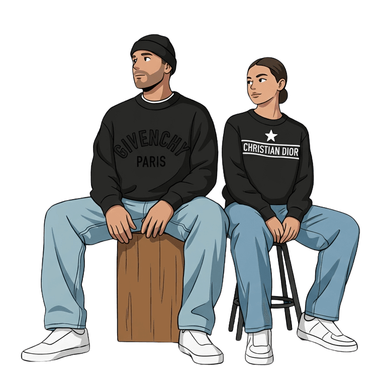 Two people sitting on boxes